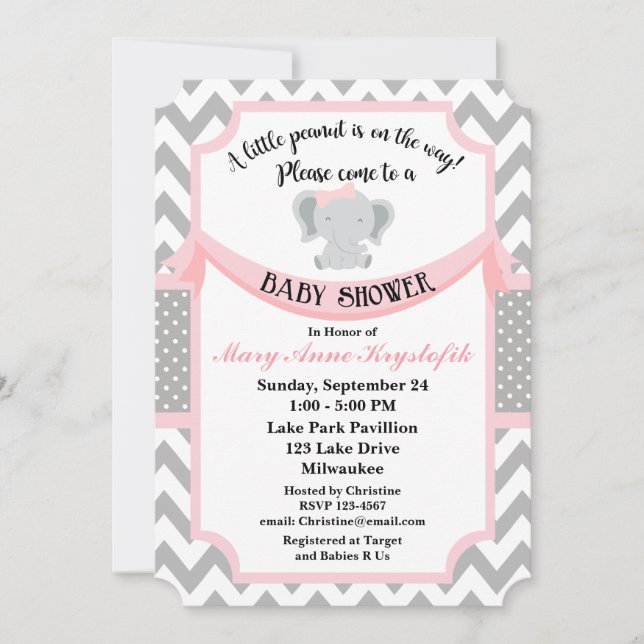 Invitation Personnalisable Pink Grey Baby Girl Shower Invitat (Devant)
