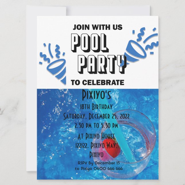 Invitation personnalisable pour une fête à la pisc (Devant)