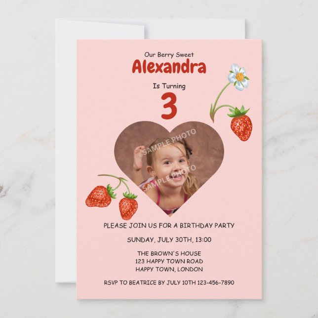 Invitation PERSONNALISABLE TOUT ÂGE Fraise photo Anniversaire (Devant)