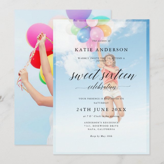 Invitation Personnalisé 2 Photo Calligraphie Sweet sixteen An (Devant / Derrière)
