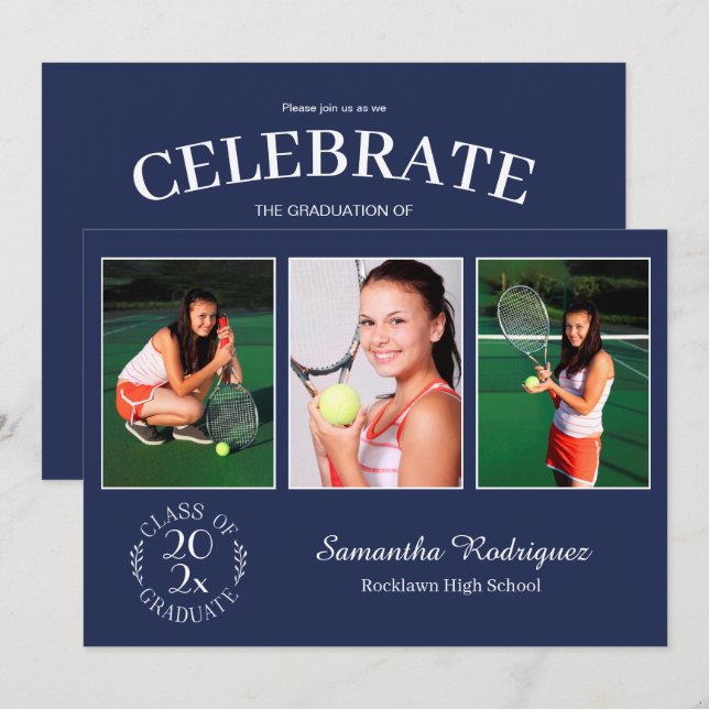 Invitation Personnalisé 3 Photo Chic Emblem Parti de graduati (Devant / Derrière)