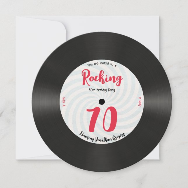 Invitation Personnalisé 70e anniversaire Retro Music Record R (Devant)