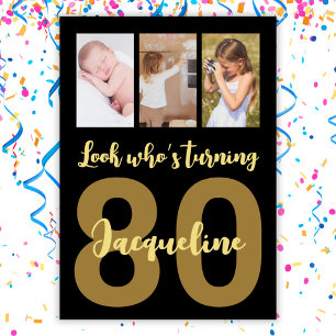 Invitation Personnalisé 80e anniversaire Black and Gold Photo