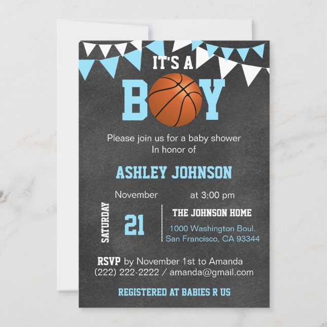Invitation Personnalisé Blue Boy Basketball Bébé Douche Invit (Devant)