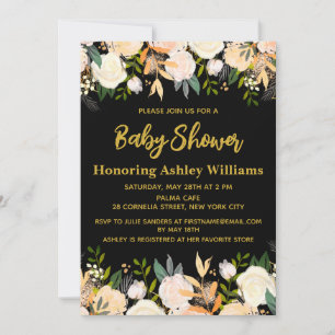Invitation Personnalisé Chic Fille Noir & Or Baby shower Flor