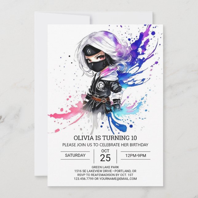 Invitation Personnalisé Chic Ninja Fille Anniversaire (Devant)