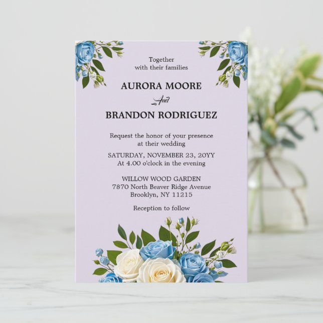Invitation Personnalisé Dusty Blue et ivoire Floral Mariage I (Debout devant)