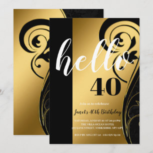 Invitation Personnalisé Elegant Noir Blanc & Or Hello 40 Part
