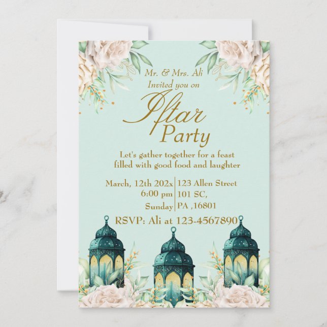 Invitation Personnalisé Floral Gold Ramadan Iftar Party (Devant)