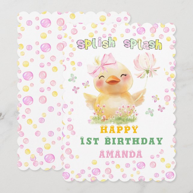 Invitation Personnalisé Joyeux 1er Anniversaire Fille en caou (Devant / Derrière)