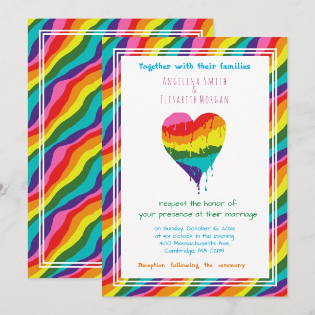 Invitation Personnalisé LGBT Rainbow Heart Mariage (Devant / Derrière)