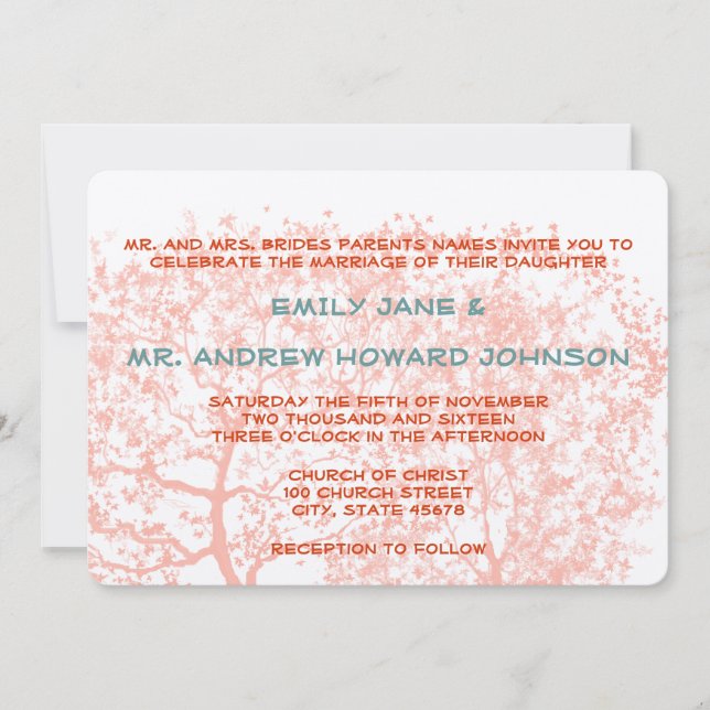 Invitation personnalisé Mariages Orange et Aqua Tr (Devant)