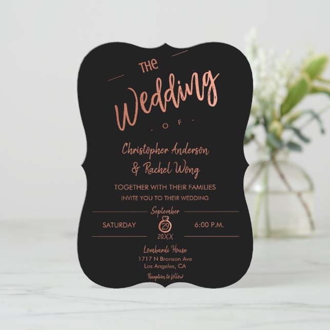 Invitation Personnalisé Noir Simple Script Rose Or Le Mariage (Debout devant)