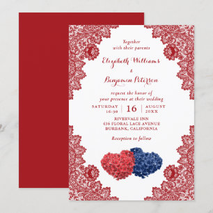 Invitation Personnalisé Rustic Navy Bleu Rouge Floral Mariage