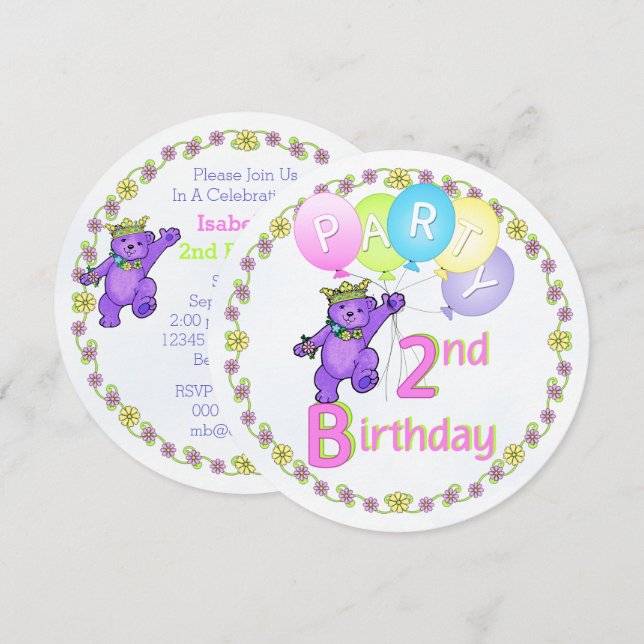 Invitation personnalisée de Princess Bear 2e anniv (Devant / Derrière)