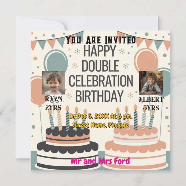 Invitation Personnalisée Double Anniversaire Deux  (Devant)