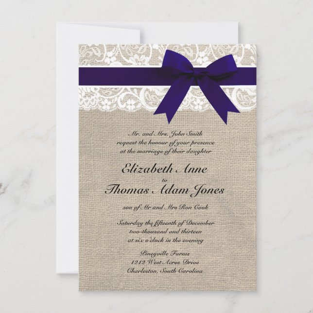 Invitation personnalisée Navy & White Lace & Burla (Devant)