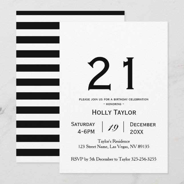 Invitation personnalisée pour le 21e anniversaire (Devant / Derrière)