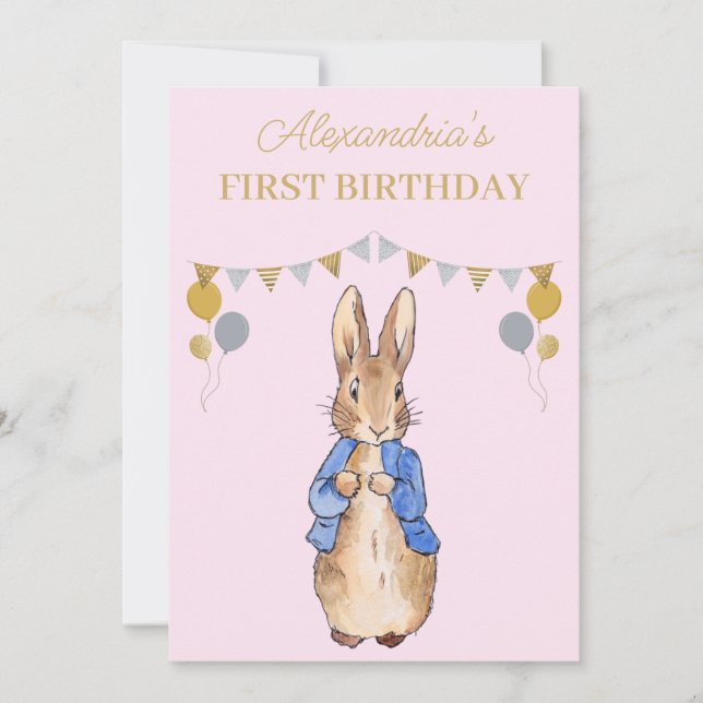 Invitation Personnaliser 1er anniversaire Pierre le lapin (Devant)