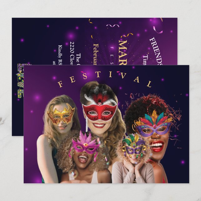 Invitation Personnaliser 5 Mascarades Photo Mardi Gras (Devant / Derrière)
