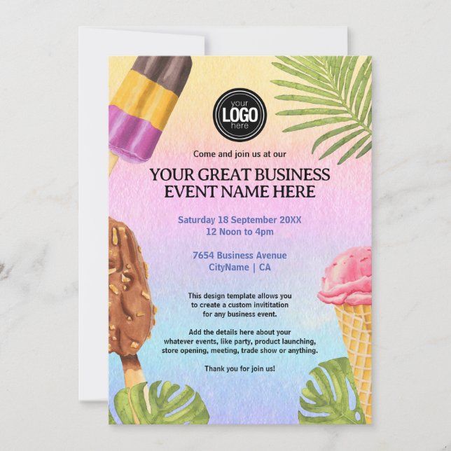 Invitation Personnaliser Business Logo aquarelle crème glacée (Devant)