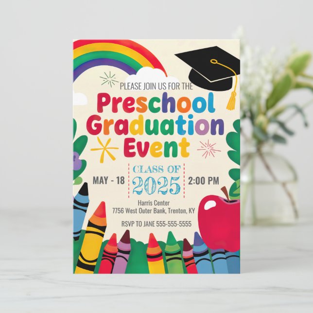 Invitation Personnaliser Crayon Rainbow Preschool Graduol Cap (Debout devant)