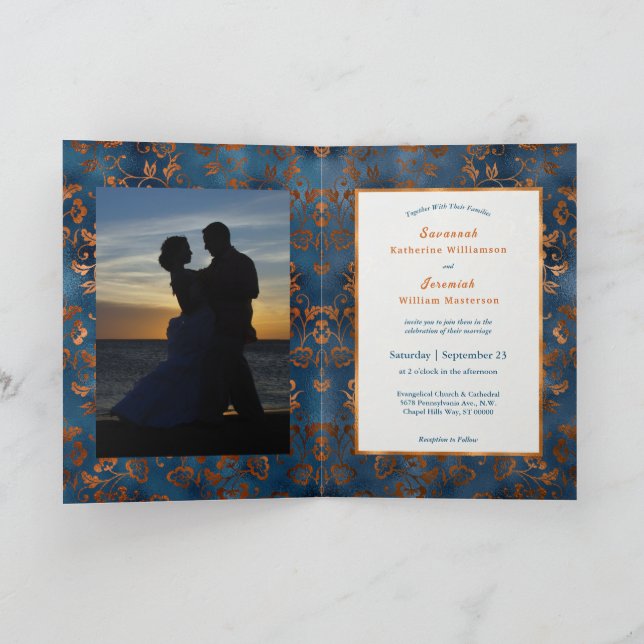 Invitation Personnaliser florale Bleu Chic Cuivre Mariage Bif (Intérieur)
