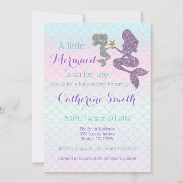Invitation Personnaliser Mermaid Baby shower Étincelle Purple (Devant)