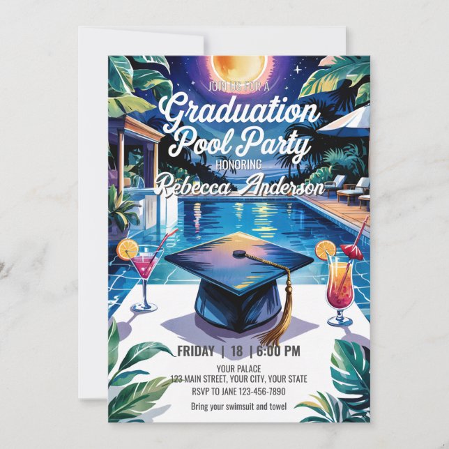 Invitation Personnaliser Vibrant Cocktail Pool Graduation Par (Devant)