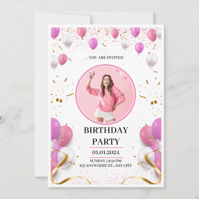 Invitation personnelle d'anniversaire rose et or (Devant)