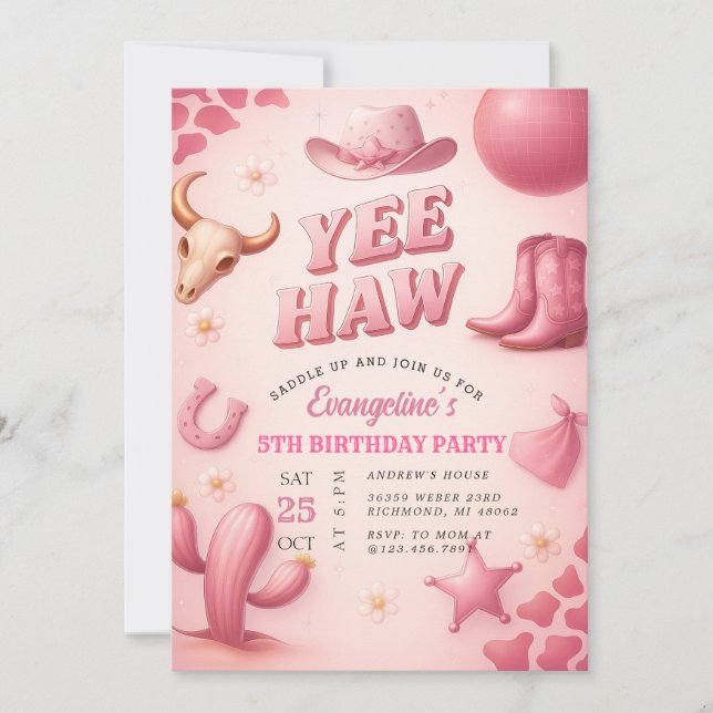 Invitation Personnellement rose Yee Haw Cowgirl fête d'annive (Devant)