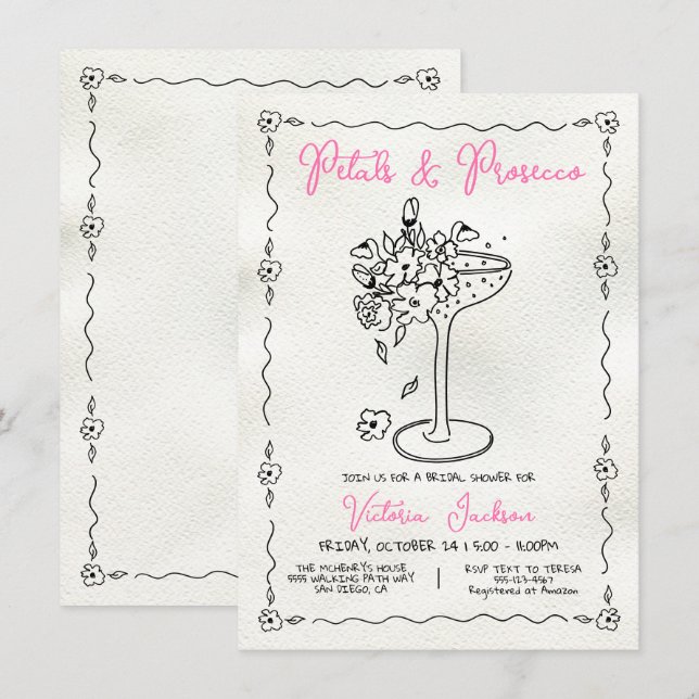 Invitation Pétales à main et Fête des mariées Presecco (Devant / Derrière)