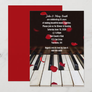 Invitation Pétales de rose rouge sur piano 65e anniversaire