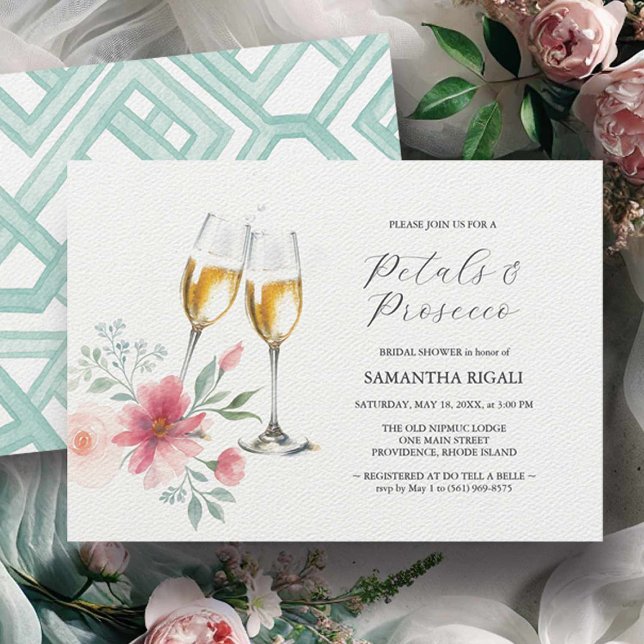 Invitation Pétales et Fêtes des mariées de poursuites rose et (Bridal shower invitations featuring a watercolor petals and Prosecco design by Do Tell A Belle)