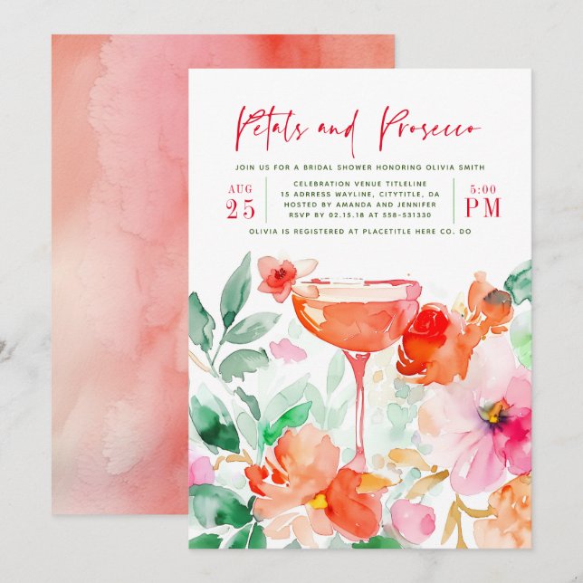 Invitation Pétales et Prosecco Fête des mariées florale rose  (Devant / Derrière)