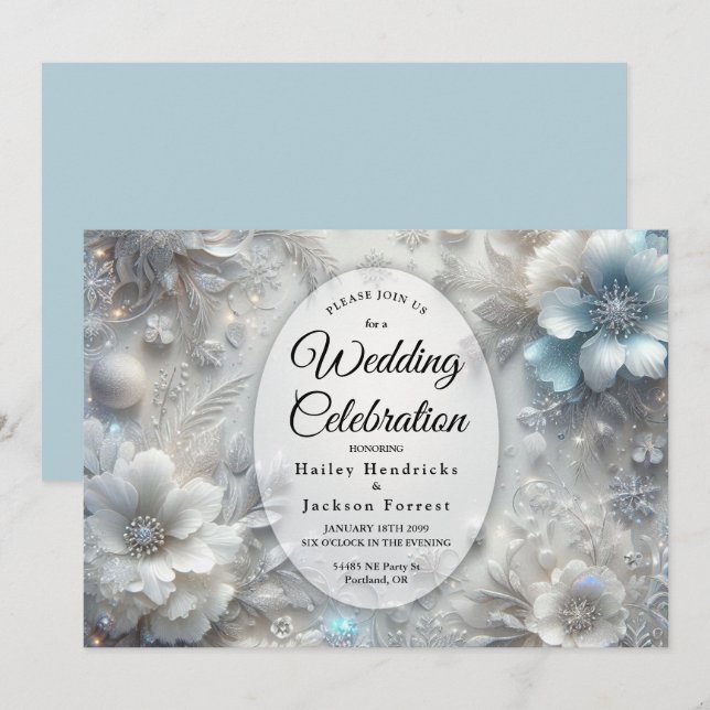 Invitation Pétales neigeux en Mariage de fleurs congelées (Devant / Derrière)