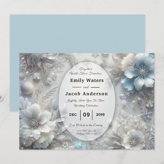 Invitation Pétales neigeux en Mariage de fleurs congelées (Devant / Derrière)