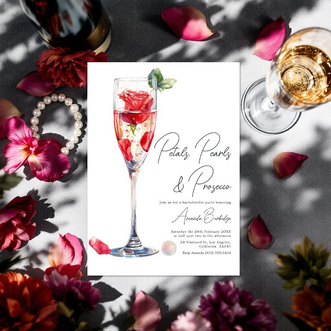 Invitation Pétales, perles et poursuites (Petals, Pearls and Prosecco Bachelorette Party Invitation)