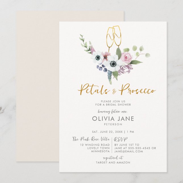 Invitation Pétales Prosecco Anemones Gold Bubbly Fête des mar (Devant / Derrière)
