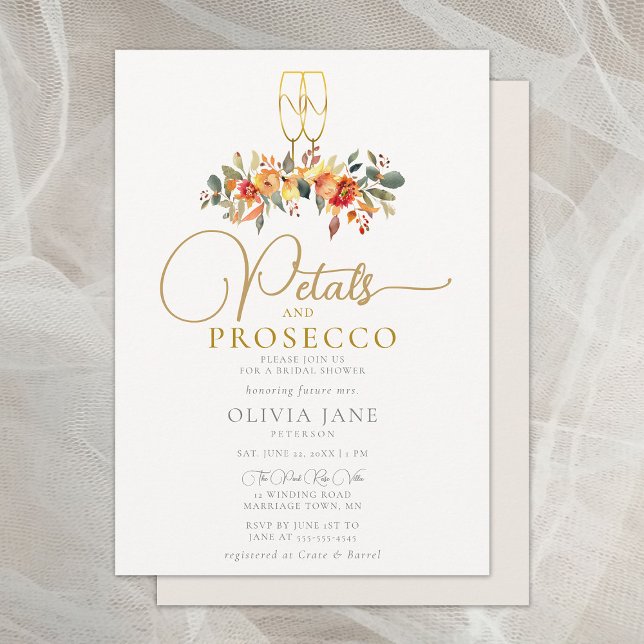 Invitation Pétales Prosecco Automne Gold Fête des mariées de  (petals prosecco fall bridal shower invitation autumn gold leaves foliage floral elegant rustic boho)