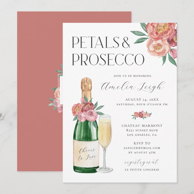Invitation Pétales & Prosecco Rose Floral (Devant / Derrière)