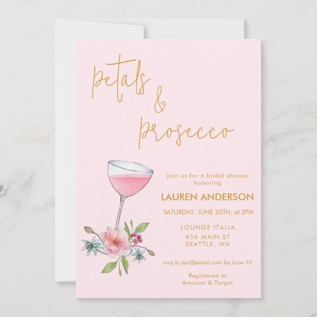 Invitation Pétales roses et or et Fête des mariées de Prosecc (Devant)