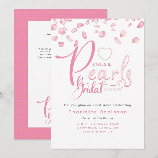 Invitation PETAUX ET PERLES Fête des mariées Chic Glam rose (Devant / Derrière)