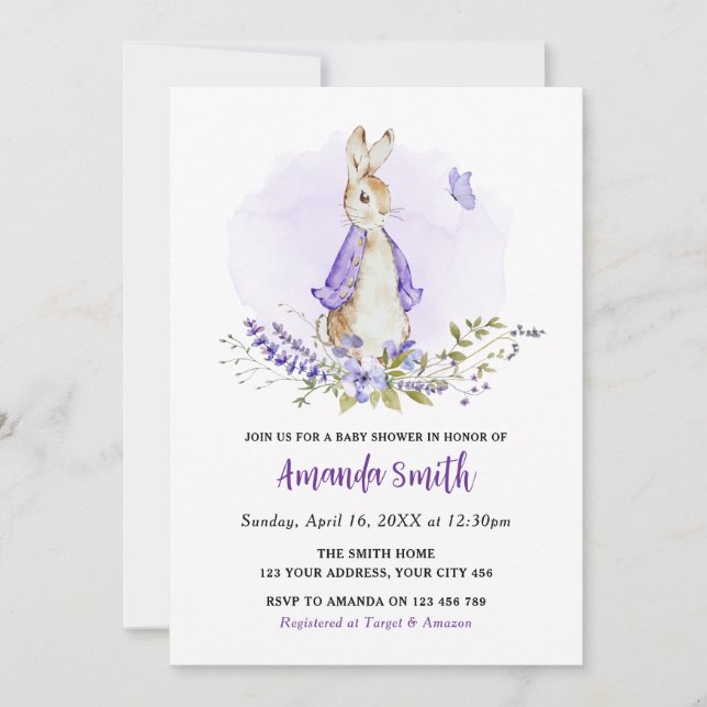 Invitation Peter Rabbit Baby shower violet (Devant)