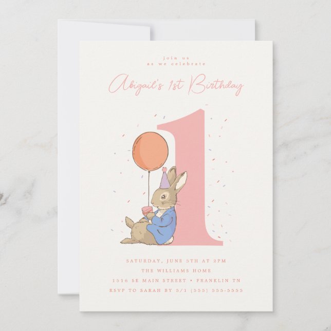 Invitation Peter Rabbit fille 1er anniversaire Confetti rose (Devant)