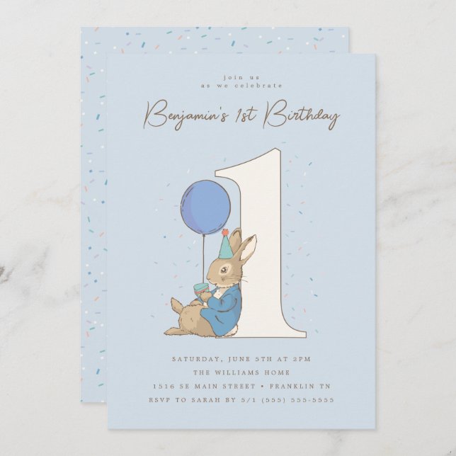 Invitation Peter Rabbit | Garçon 1er Anniversaire Blue Confet (Devant / Derrière)