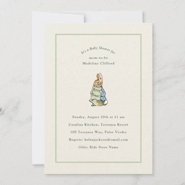 Invitation Peter Rabbit Sage Green Baby shower Vintage (Devant)