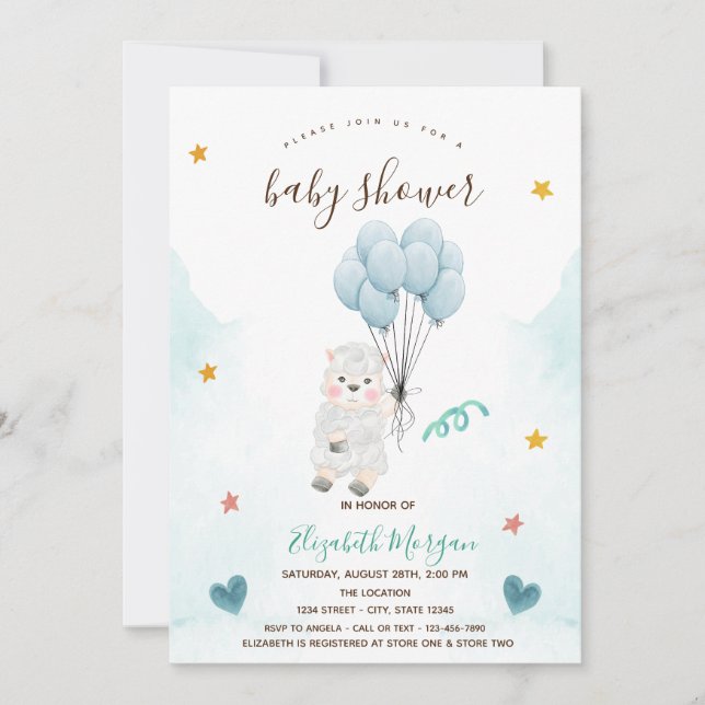 Invitation Petit agneau Baby shower bleu mouton (Devant)