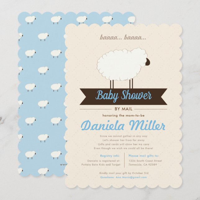 Invitation Petit agneau bleu doux Baby shower par courrier (Devant / Derrière)