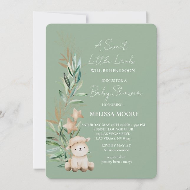 Invitation Petit Agneau doux vert baby shower vert sauge (Devant)
